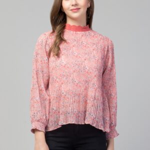 Coral Pink Floral Pleated High Neck Top for Women