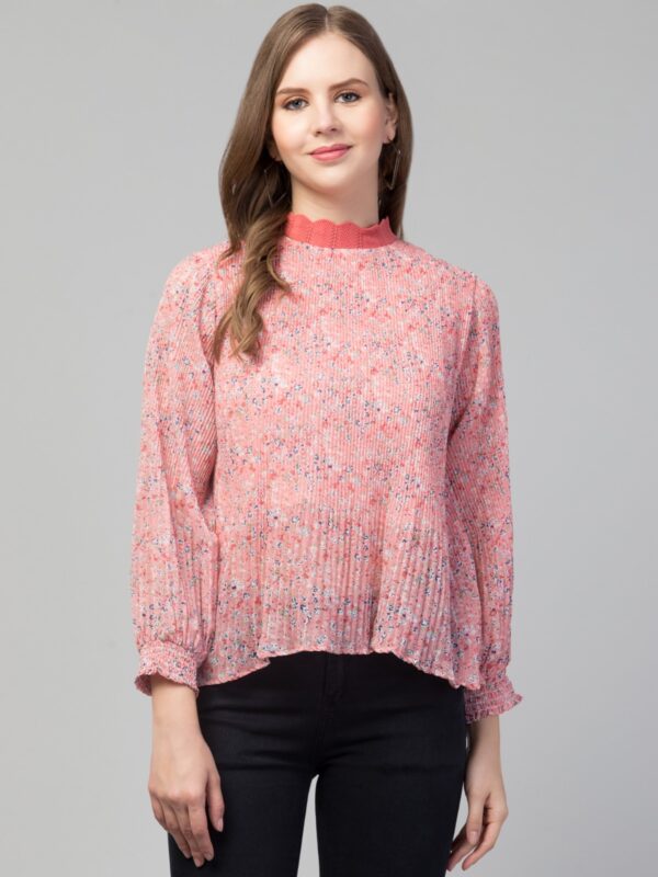 Coral Pink Floral Pleated High Neck Top for Women