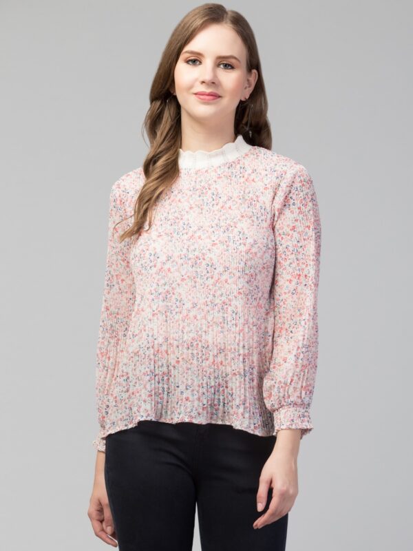Navy Blue Floral Embroidered Sheer Top for Women