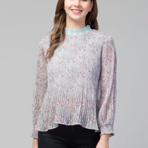 Coral Pink Floral Pleated High Neck Top for Women