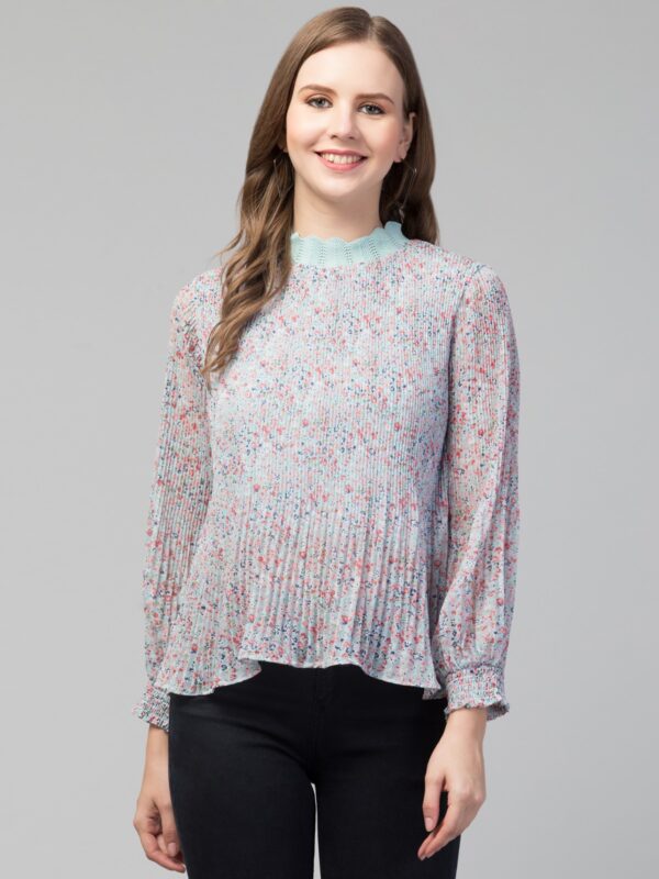 Coral Pink Floral Pleated High Neck Top for Women