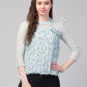 Coral Pink Floral Pleated High Neck Top for Women