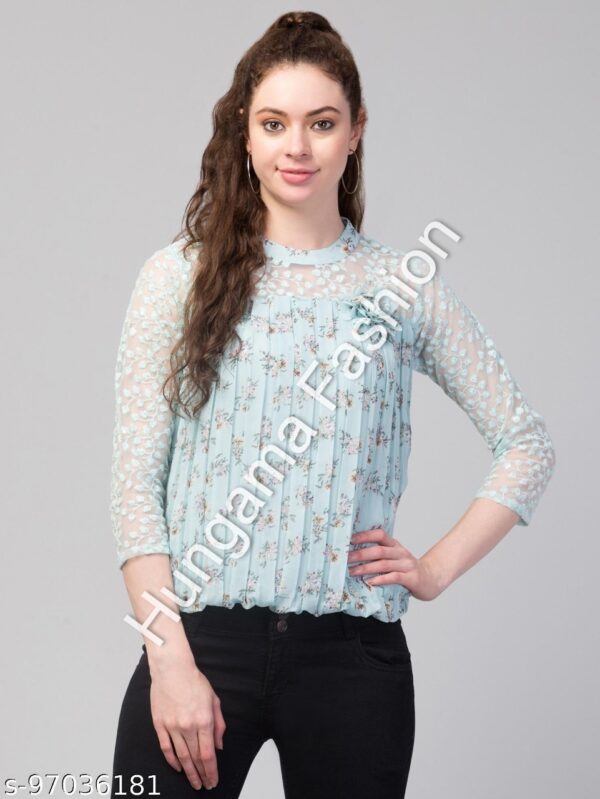 Coral Pink Floral Pleated High Neck Top for Women